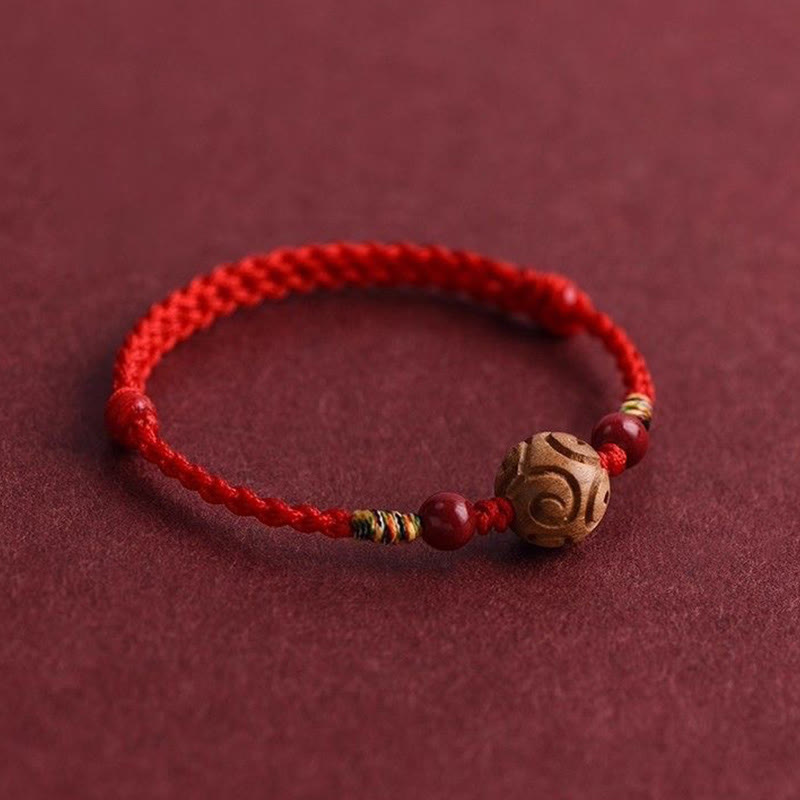 Buddha Stones Carved Auspicious Pattern Natural Peach Wood Rope Luck Bracelet - image 2