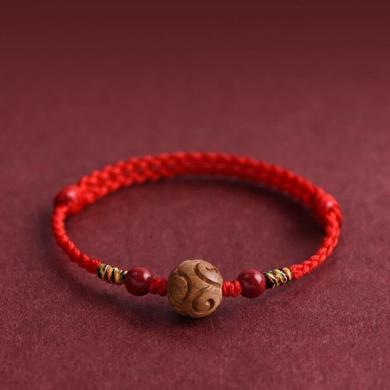Buddha Stones Carved Auspicious Pattern Natural Peach Wood Rope Luck Bracelet - image 0