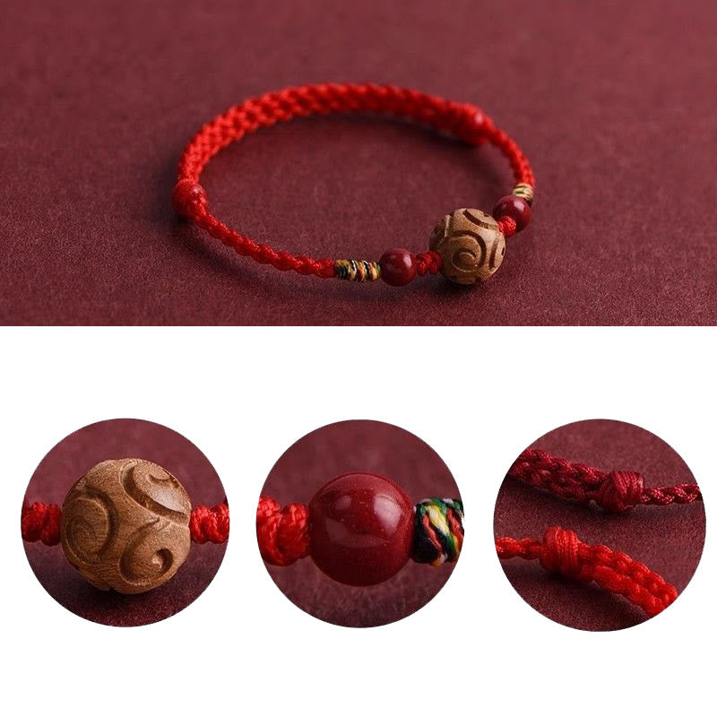 Buddha Stones Carved Auspicious Pattern Natural Peach Wood Rope Luck Bracelet - image 4
