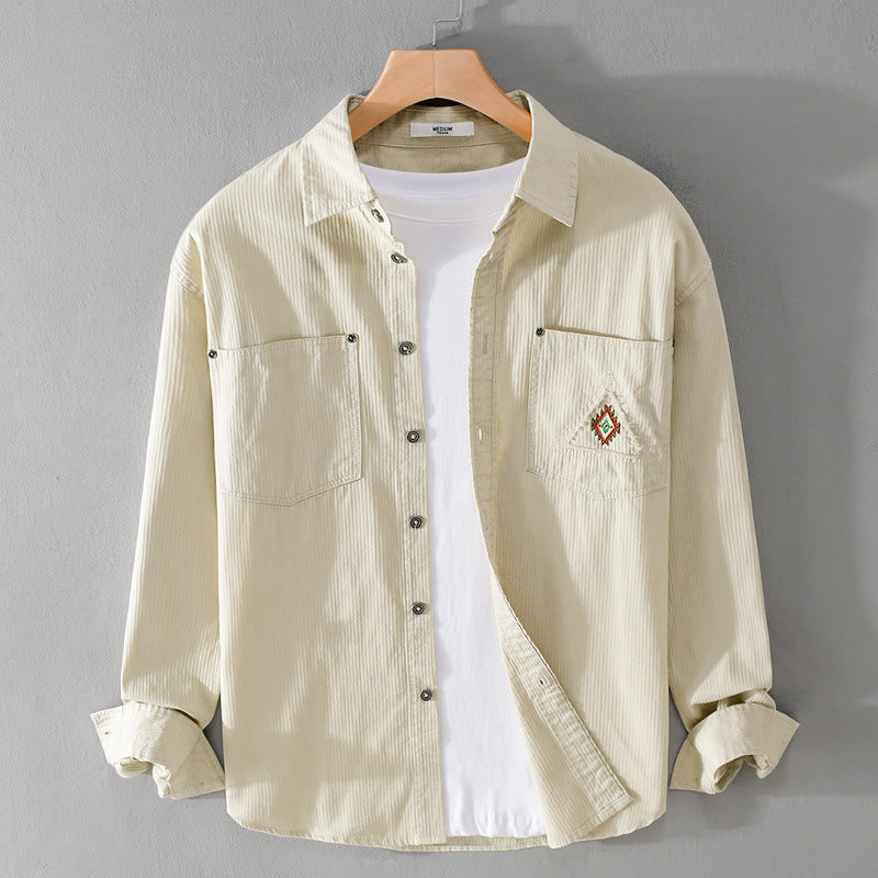 Buddha Stones Fall Triangle Rhombus Decorative Pocket Buttons Down Stand Collar Long Sleeve Men's Cotton Shirt - Linen - US/UK/AU42，EU52 (3XL) - image 6