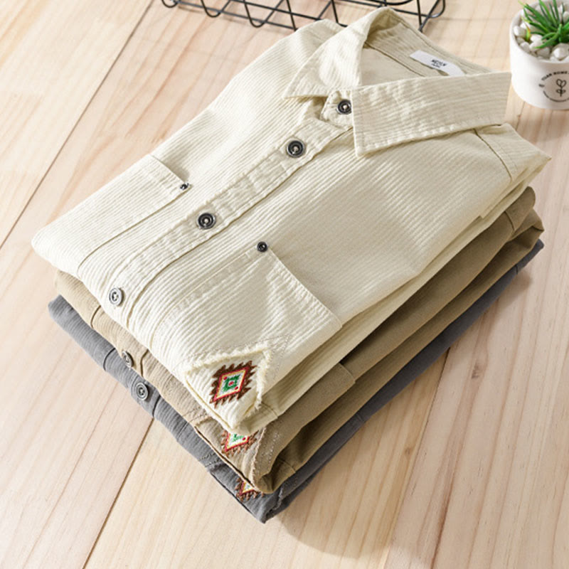 Buddha Stones Fall Triangle Rhombus Decorative Pocket Buttons Down Stand Collar Long Sleeve Men's Cotton Shirt - image 23