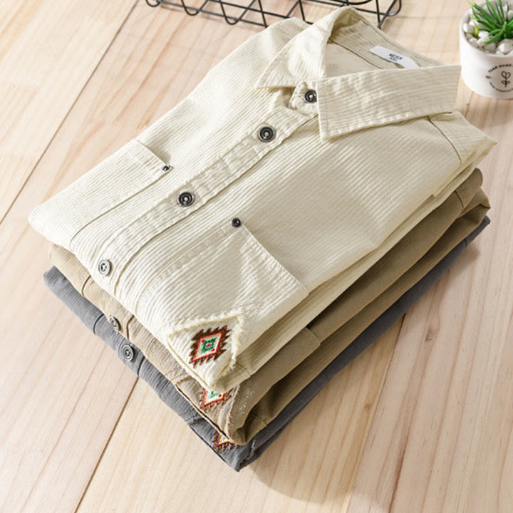 Buddha Stones Fall Triangle Rhombus Decorative Pocket Buttons Down Stand Collar Long Sleeve Men's Cotton Shirt - image 23