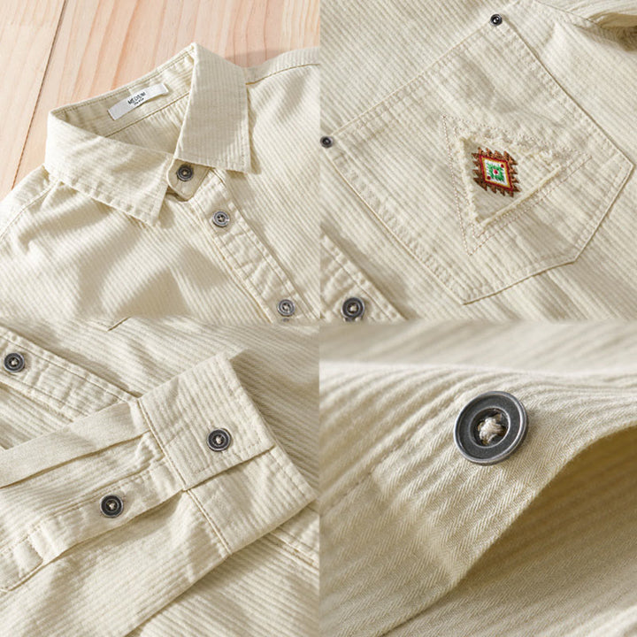 Buddha Stones Fall Triangle Rhombus Decorative Pocket Buttons Down Stand Collar Long Sleeve Men's Cotton Shirt - image 13