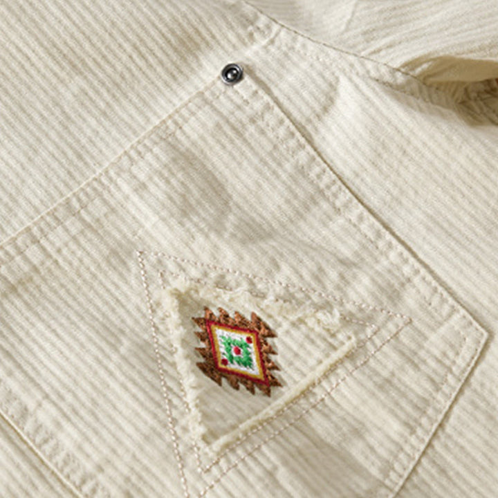 Buddha Stones Fall Triangle Rhombus Decorative Pocket Buttons Down Stand Collar Long Sleeve Men's Cotton Shirt - image 10