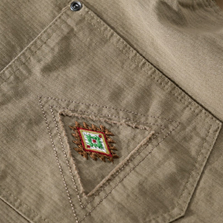 Buddha Stones Fall Triangle Rhombus Decorative Pocket Buttons Down Stand Collar Long Sleeve Men's Cotton Shirt - image 18