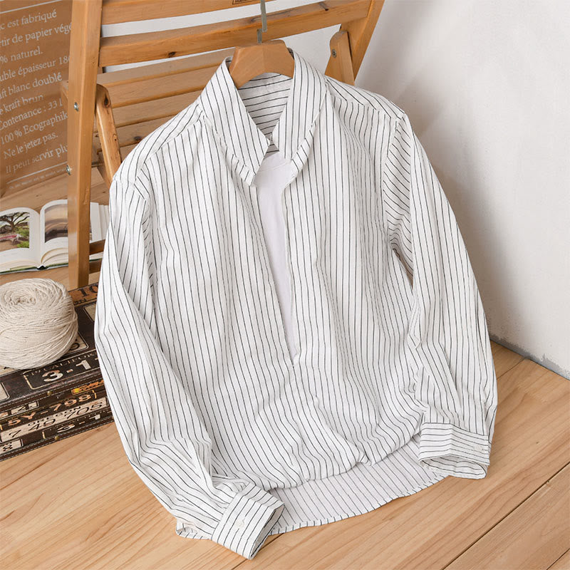 Buddha Stones Fall 2 In 1 Stripes Stand Collar Long Sleeve Men's Cotton Shirt - White - US/UK/AU42，EU52 (3XL) - image 0
