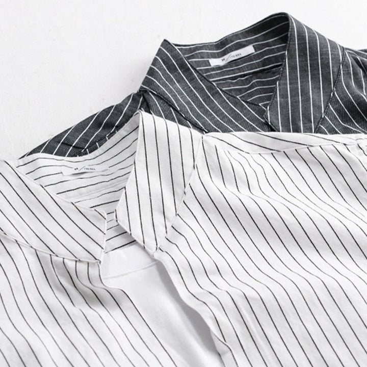 Buddha Stones Fall 2 In 1 Stripes Stand Collar Long Sleeve Men's Cotton Shirt - image 17