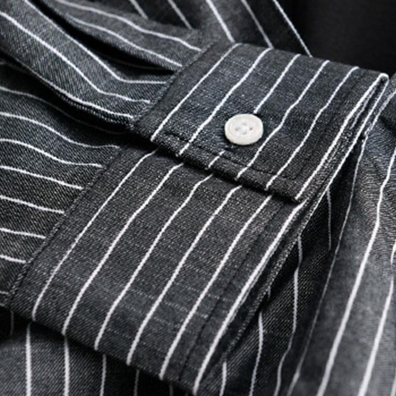 Buddha Stones Fall 2 In 1 Stripes Stand Collar Long Sleeve Men's Cotton Shirt - image 14