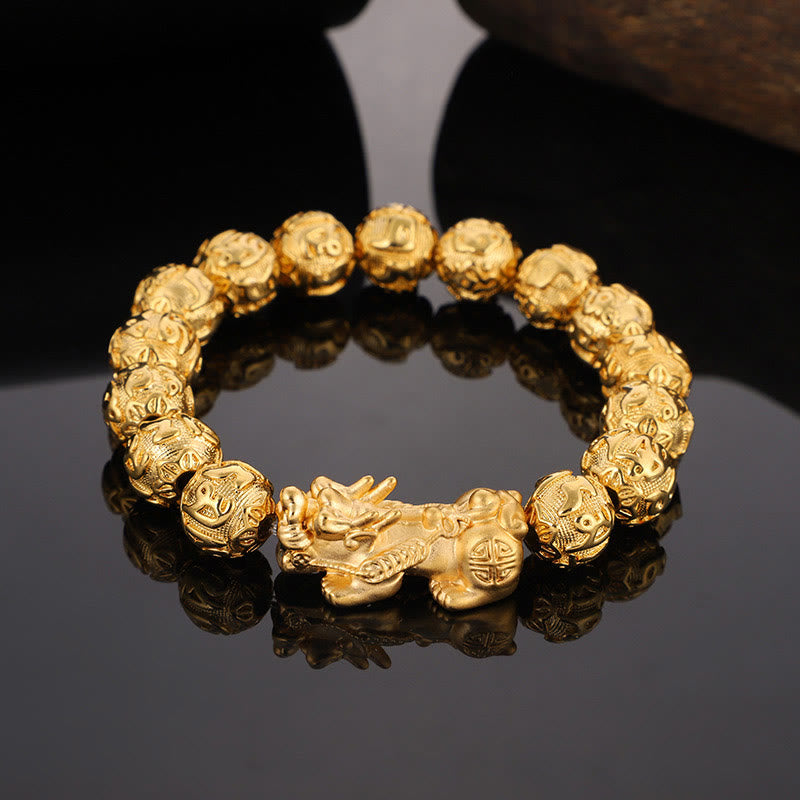 Buddha Stones 24k Gold Plated Copper Engraved Pixiu Om Mani Padme Hum Wealth Focus Bracelet - Copper(Wrist Circumference: 15-18cm)-Avoid Water - image 0
