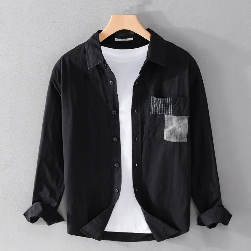 Buddha Stones Fall Square Color Blocking Decorative Pocket Buttons Down Stand Collar Long Sleeve Men's Cotton Shirt - Black - US/UK/AU42，EU52 (3XL) - image 4