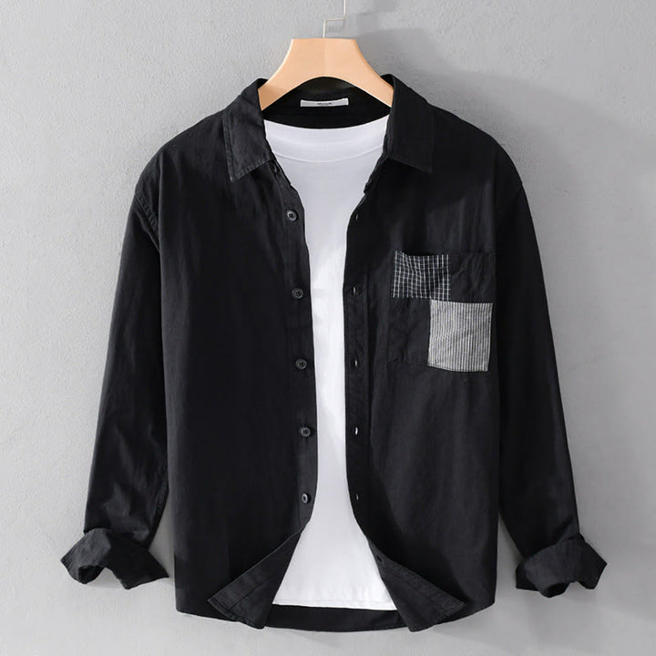 Buddha Stones Fall Square Color Blocking Decorative Pocket Buttons Down Stand Collar Long Sleeve Men's Cotton Shirt - Black - US/UK/AU42，EU52 (3XL) - image 4