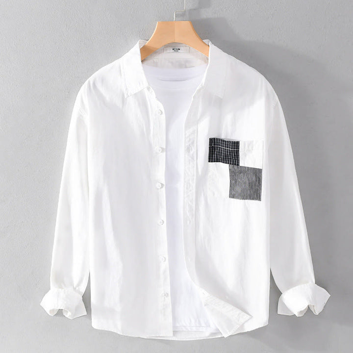 Buddha Stones Fall Square Color Blocking Decorative Pocket Buttons Down Stand Collar Long Sleeve Men's Cotton Shirt - White - US/UK/AU42，EU52 (3XL) - image 8