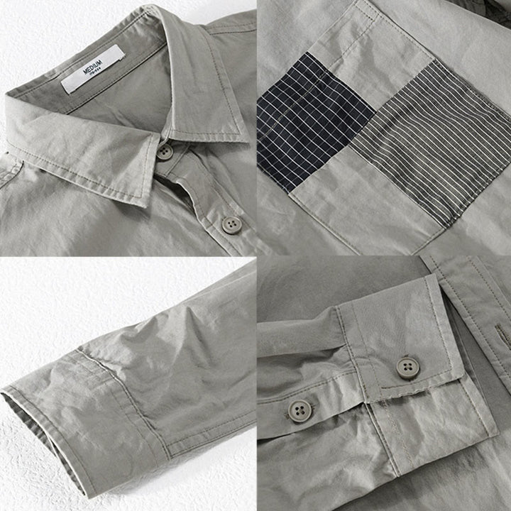 Buddha Stones Fall Square Color Blocking Decorative Pocket Buttons Down Stand Collar Long Sleeve Men's Cotton Shirt - image 3