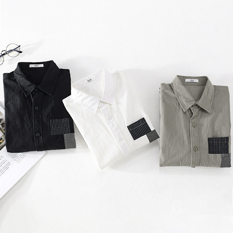 Buddha Stones Fall Square Color Blocking Decorative Pocket Buttons Down Stand Collar Long Sleeve Men's Cotton Shirt - image 14