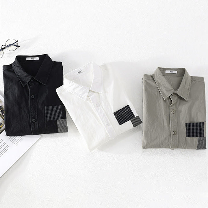 Buddha Stones Fall Square Color Blocking Decorative Pocket Buttons Down Stand Collar Long Sleeve Men's Cotton Shirt - image 14