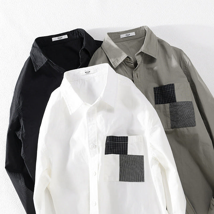 Buddha Stones Fall Square Color Blocking Decorative Pocket Buttons Down Stand Collar Long Sleeve Men's Cotton Shirt - image 15
