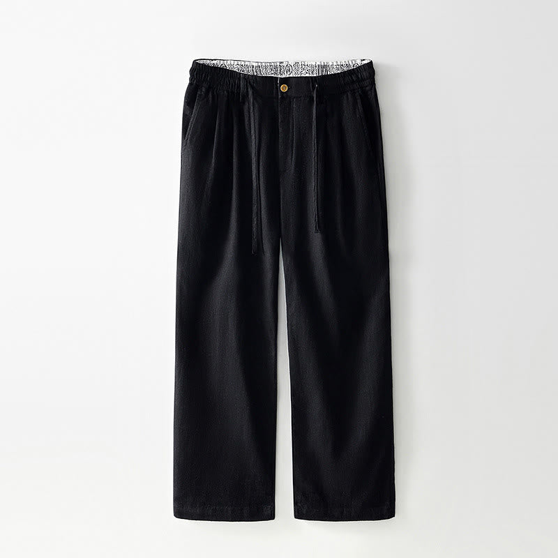 Buddha Stones Fall Solid Drawstring Zipper Men's Linen Wide Leg Pants With Pockets - Black - US/UK/AU44，EU54 (4XL) - image 9