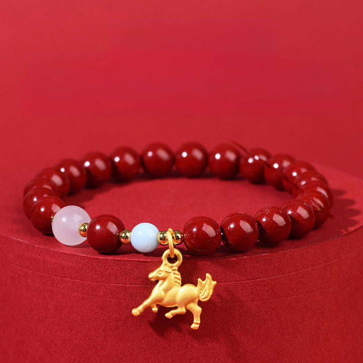 Buddha Stones Year of the Horse Running Horse Charm Cinnabar Blessing Bracelet - 10mm - Cinnabar(Wrist Circumference: 14-16cm) - image 0