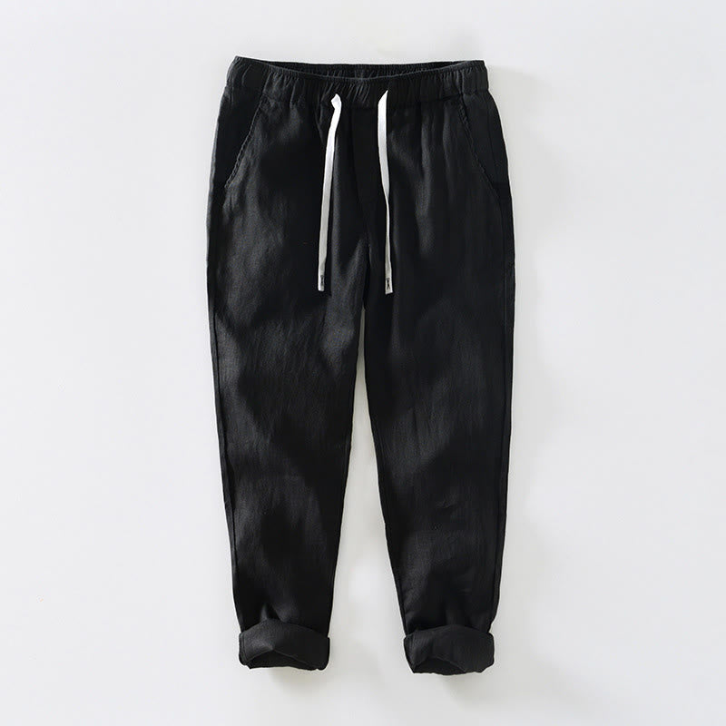 Buddha Stones Fall Solid Drawstring Elastic Waist Men's Linen Ankle-Length Pants With Pockets - Black - US/UK/AU44，EU54 (4XL) - image 5