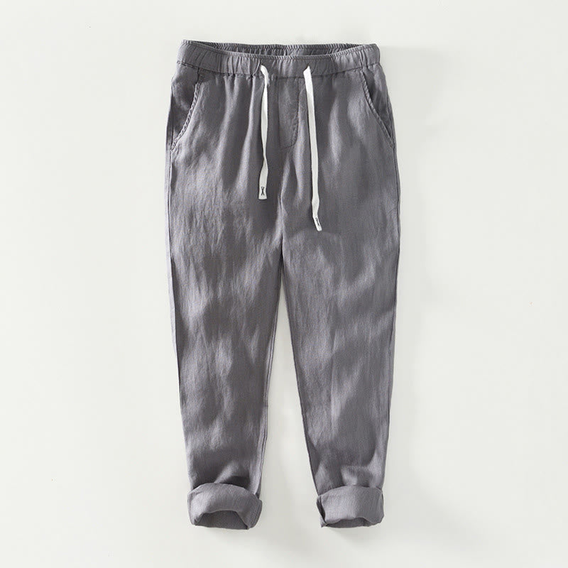 Buddha Stones Fall Solid Drawstring Elastic Waist Men's Linen Ankle-Length Pants With Pockets - Gray - US/UK/AU44，EU54 (4XL) - image 15