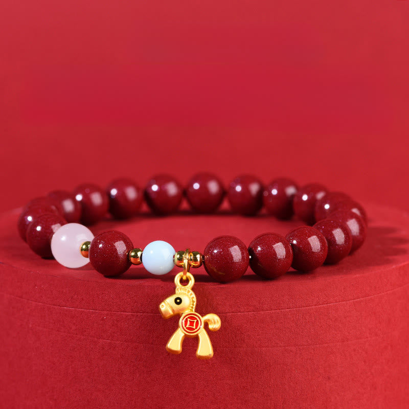 Buddha Stones Year Of The Horse Cute Horse Copper Coins Design Cinnabar Blessing Bracelet - 10mm - Cinnabar(Wrist Circumference: 14-16cm) - image 0