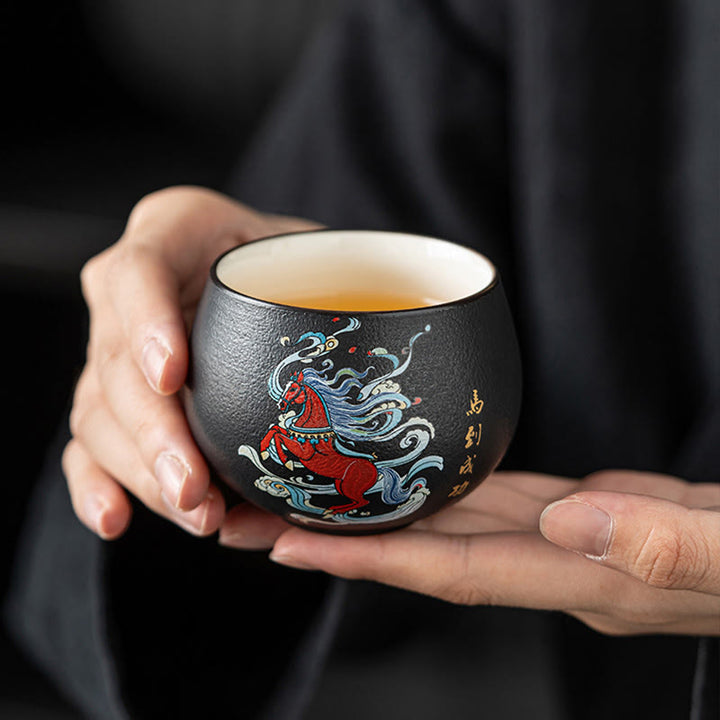 Buddha Stones Year Of The Horse Hand Painted Ceramic Teacup Kung Fu Tea Cup  - image 0