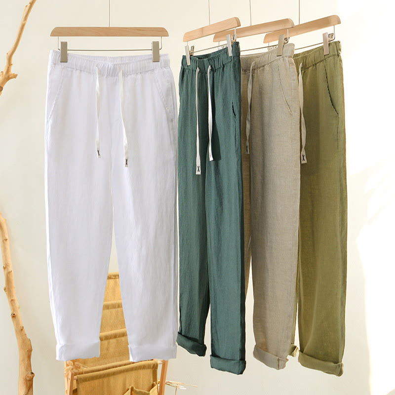 Buddha Stones Fall Solid Drawstring Elastic Waist Men's Linen Ankle-Length Pants With Pockets - image 32