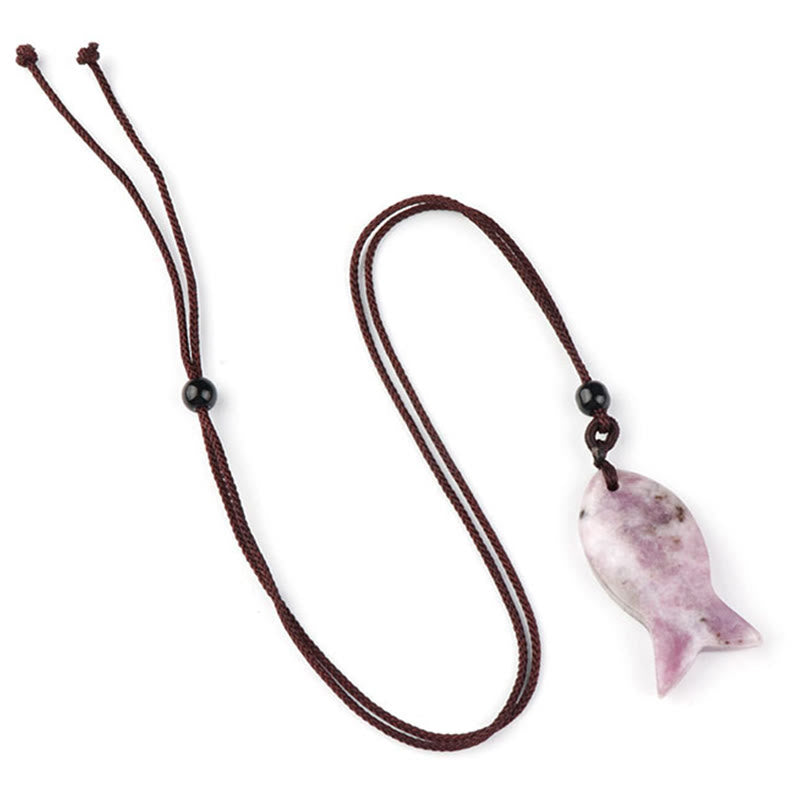 Buddha Stones Koi Fish Pink Crystal Indian Agate Amethyst Topaz Red Jasper Success Warmth Necklace Pendant - Lepidolite - image 28