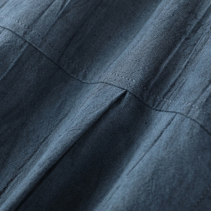 Buddha Stones Summer Solid Pleated Design Men's Half Button Short Sleeve Cotton Ramie Shirt - image 6