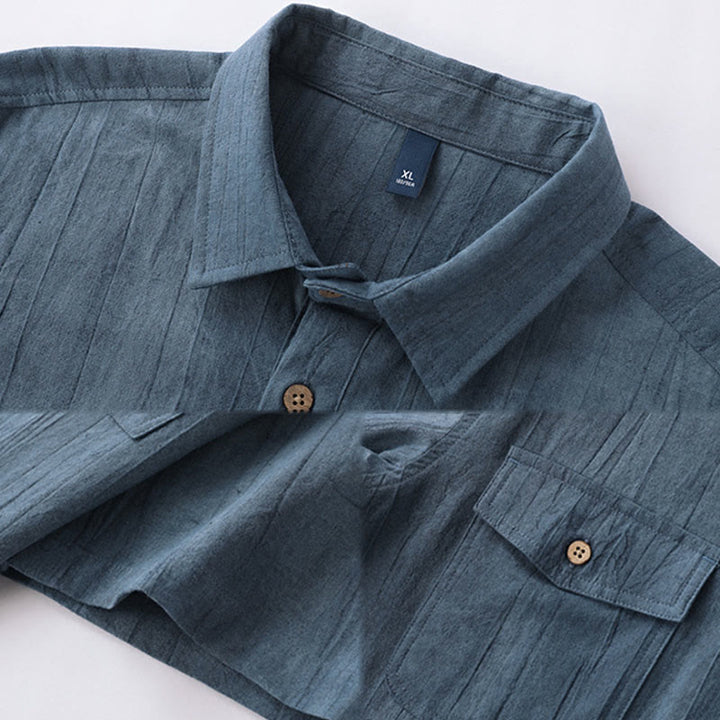Buddha Stones Summer Solid Pleated Design Men's Half Button Short Sleeve Cotton Ramie Shirt - image 10