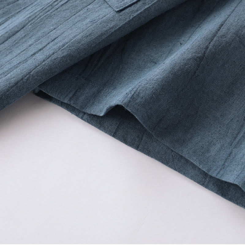 Buddha Stones Summer Solid Pleated Design Men's Half Button Short Sleeve Cotton Ramie Shirt - image 7