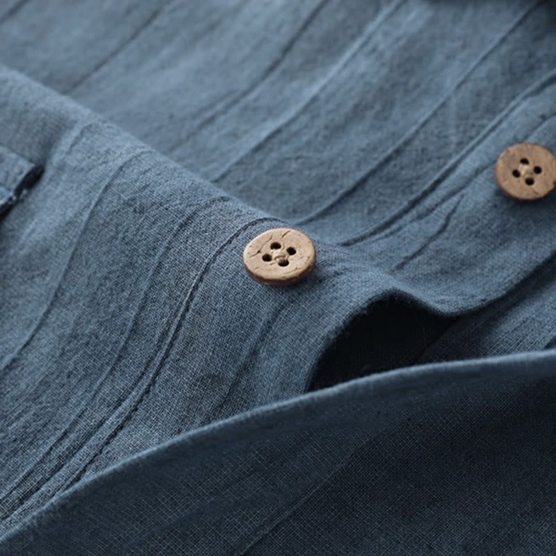 Buddha Stones Summer Solid Pleated Design Men's Half Button Short Sleeve Cotton Ramie Shirt - image 3