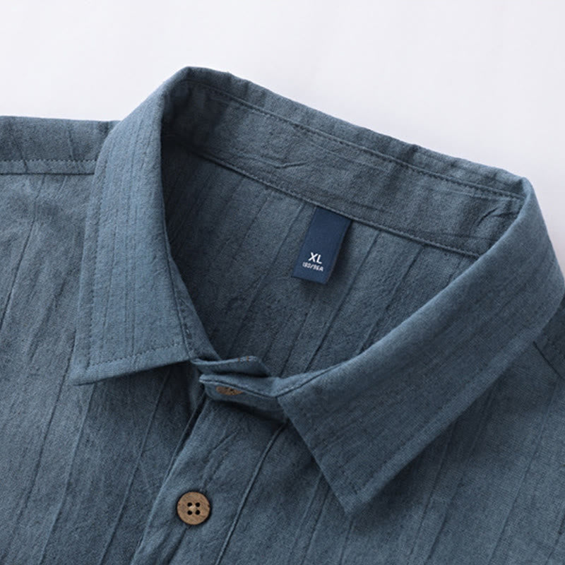 Buddha Stones Summer Solid Pleated Design Men's Half Button Short Sleeve Cotton Ramie Shirt - image 1