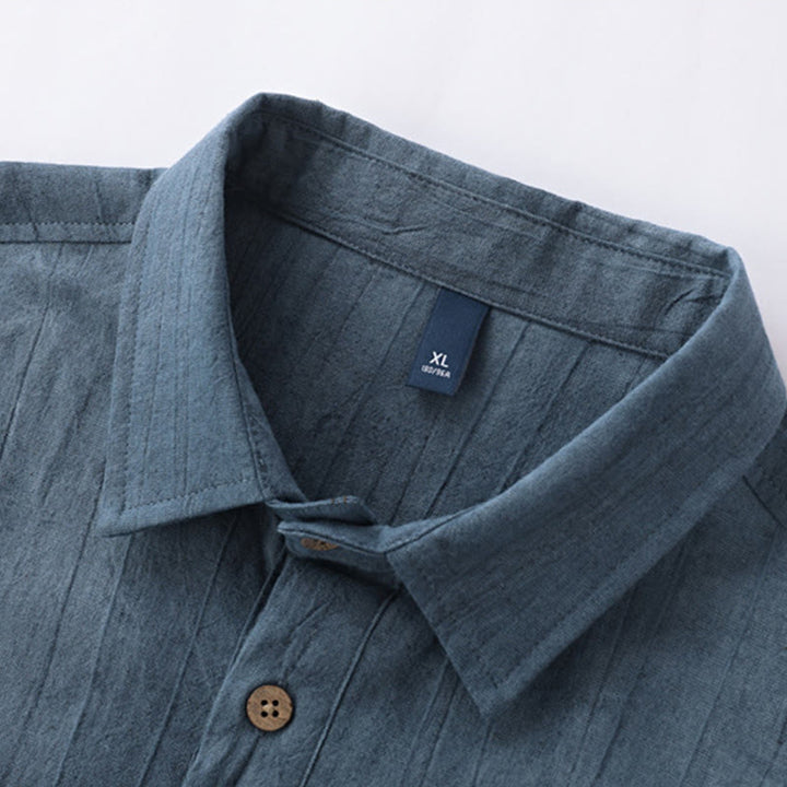 Buddha Stones Summer Solid Pleated Design Men's Half Button Short Sleeve Cotton Ramie Shirt - image 1