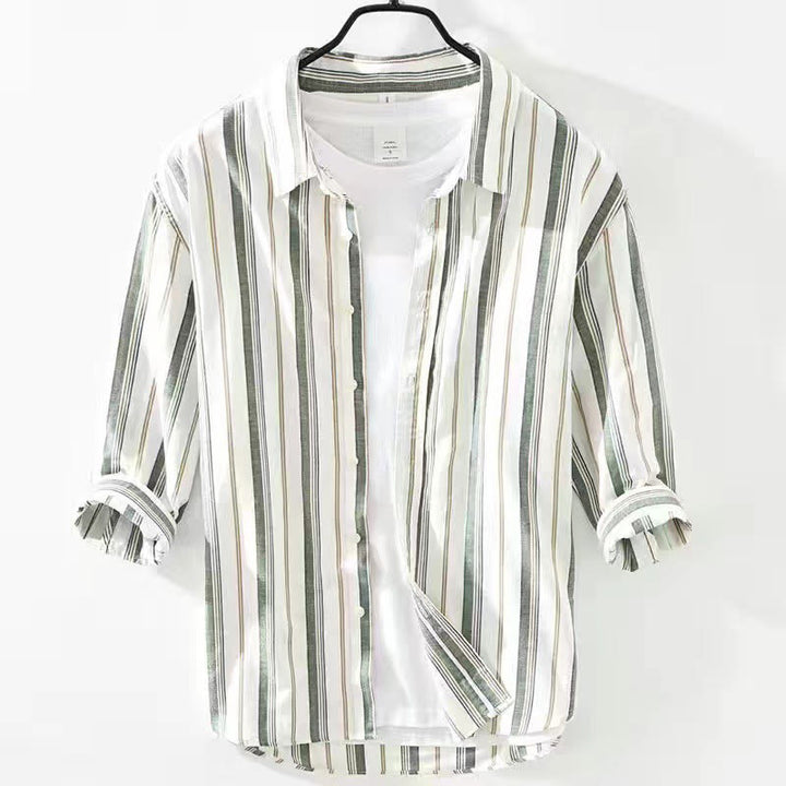 Buddha Stones Fall Stripe Decorative Pocket Buttons Down Long Sleeve Three Quarter Sleeve Short Sleeve Men's Cotton Shirt - Three-Quarter Sleeve Green - US/UK/AU42，EU52 (3XL) - image 22