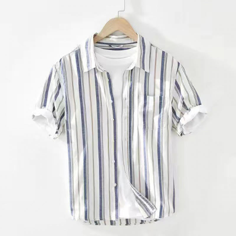 Buddha Stones Fall Stripe Decorative Pocket Buttons Down Long Sleeve Three Quarter Sleeve Short Sleeve Men's Cotton Shirt - Short-Sleeved Blue - US/UK/AU42，EU52 (3XL) - image 19