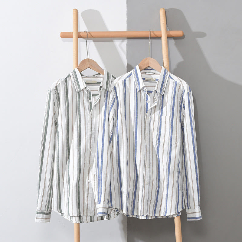 Buddha Stones Fall Stripe Decorative Pocket Buttons Down Long Sleeve Three Quarter Sleeve Short Sleeve Men's Cotton Shirt - image 1