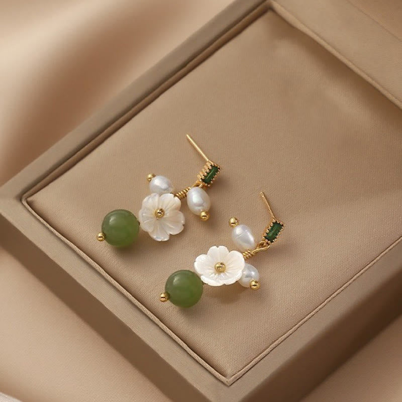 Buddha Stones Hetian Jade Pearl Bead Flower Prosperity Abundance Earrings - image 1