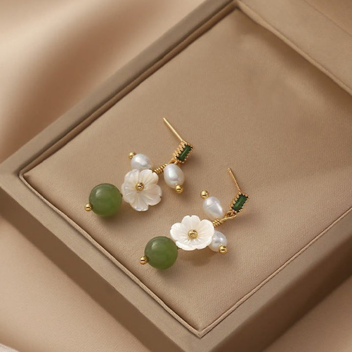 Buddha Stones Hetian Jade Pearl Bead Flower Prosperity Abundance Earrings - image 1