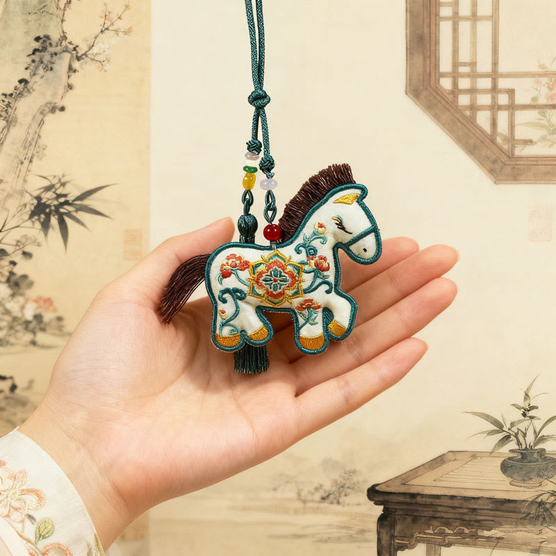 Buddha Stones Year Of The Horse Embroidery Flower Cute Pony Tassel Freedom Hanging Decoration - Embroidered Edge Horse(Size: 10.5*9cm) - image 1