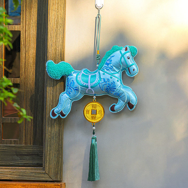 Buddha Stones Year Of The Horse Embroidery Copper Coins Bell Charm Tassel Wealth Success Hanging Decoration - Blue Horse&Copper Coins(26*45cm) - image 1