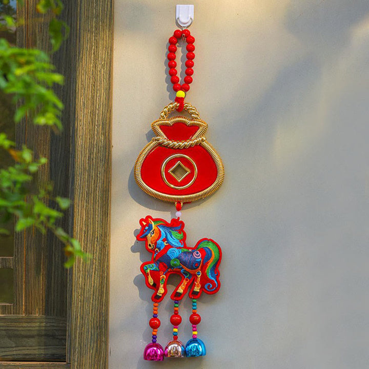 Buddha Stones Year Of The Horse Embroidery Money Bag Gourd Copper Coins Bell Charm Success Hanging Decoration - Red Horse&Money Bag(12*42cm) - image 9