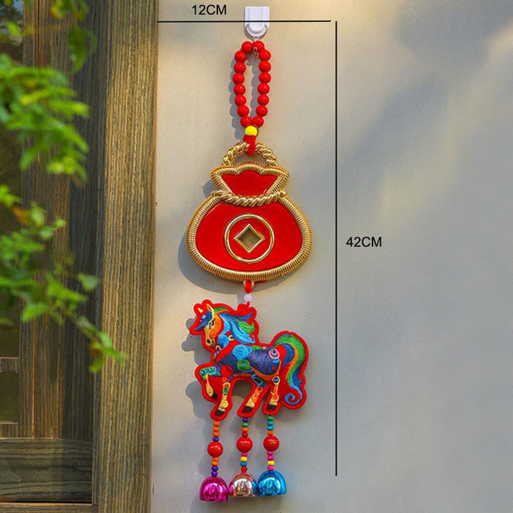 Buddha Stones Year Of The Horse Embroidery Money Bag Gourd Copper Coins Bell Charm Success Hanging Decoration - image 10