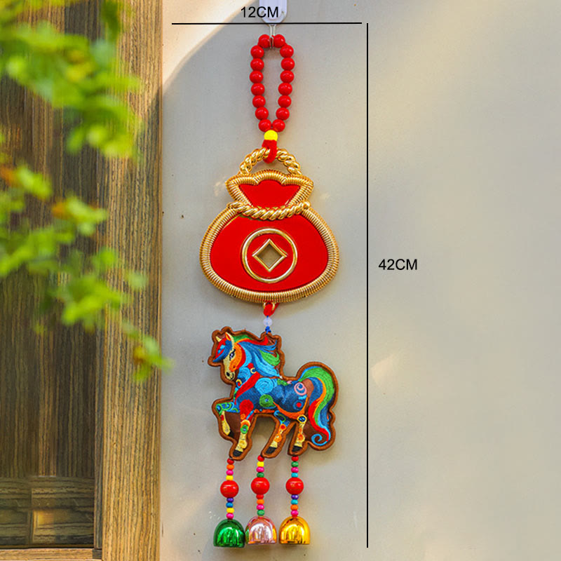 Buddha Stones Year Of The Horse Embroidery Money Bag Gourd Copper Coins Bell Charm Success Hanging Decoration - image 2
