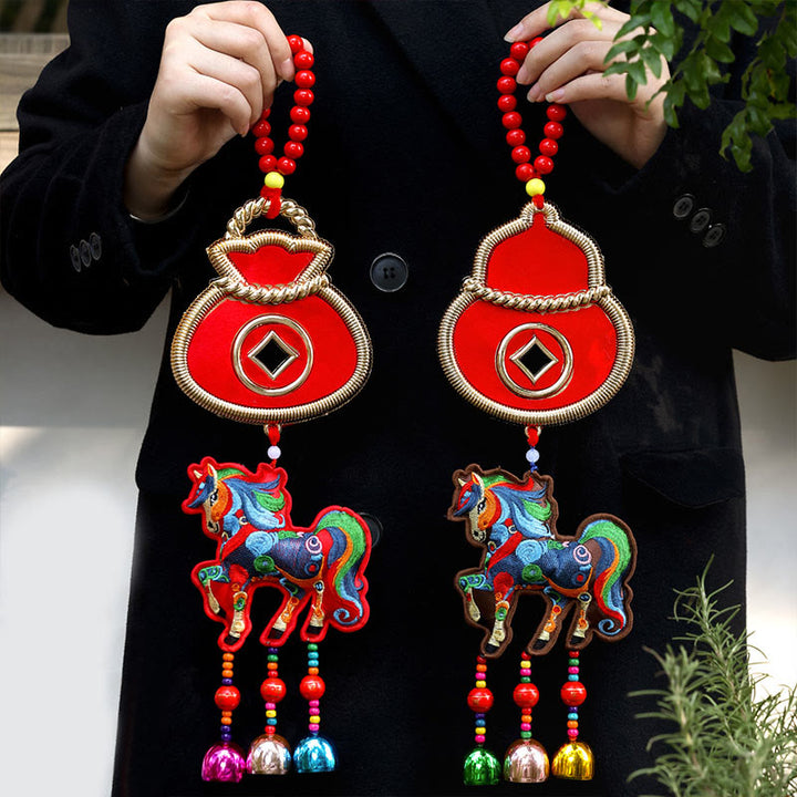Buddha Stones Year Of The Horse Embroidery Money Bag Gourd Copper Coins Bell Charm Success Hanging Decoration - image 0