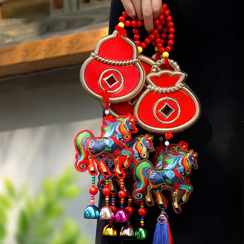 Buddha Stones Year Of The Horse Embroidery Money Bag Gourd Copper Coins Bell Charm Success Hanging Decoration - image 17