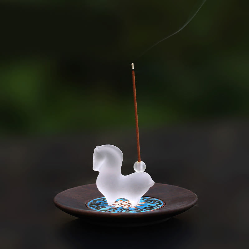 Buddha Stones Year of the Horse Lotus Pod Lotus Leaf Liuli Crystal Art Piece Home Office Energy Decoration - Horse With Incense Hole&Wood Pad - image 13