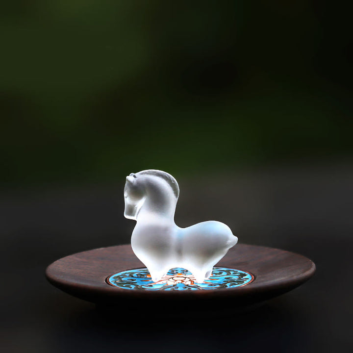 Buddha Stones Year of the Horse Lotus Pod Lotus Leaf Liuli Crystal Art Piece Home Office Energy Decoration - Horse&Wood Pad - image 7