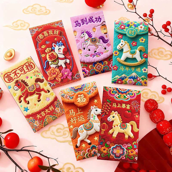 Buddha Stones Year Of The Horse 2026 New Year Good Luck 6pcs Embroidery Chinese Red Envelope - Horse Red Envelope(16.6*8.8cm) - image 0