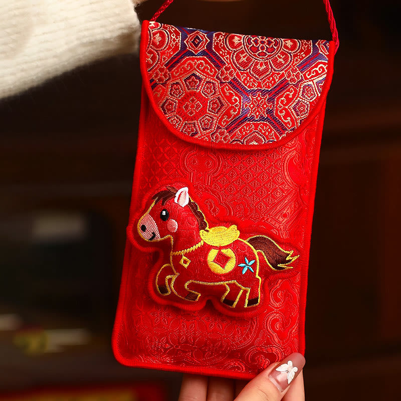 Buddha Stones Year Of The Horse 2026 New Year Fu Character Lucky Embroidery Chinese Red Envelope - Red Top Ingot Horse(10.5*18.5cm) - image 5